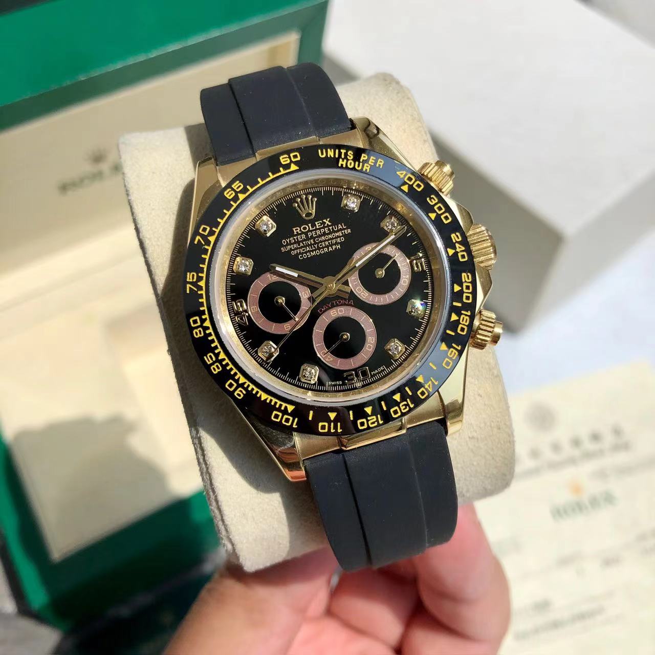 Rolex Daytona Chronograph Luxury Watch, 40mm 18K Yellow Gold Case, Caliber 4130 Movement, Black Rubber Strap
