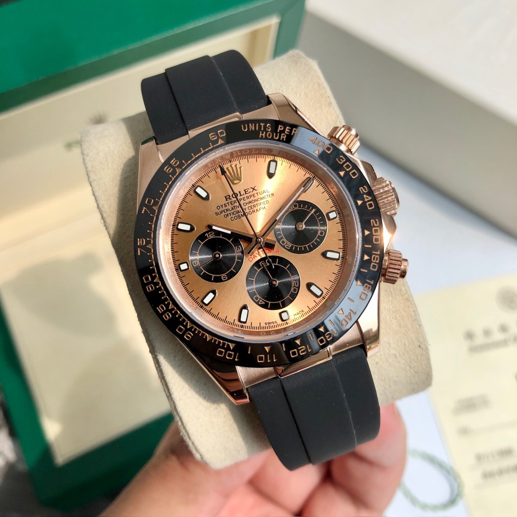 Rolex Daytona Chronograph Luxury Watch, 40mm 18K Rose Gold Case, Caliber 4130 Movement, Black Rubber Strap