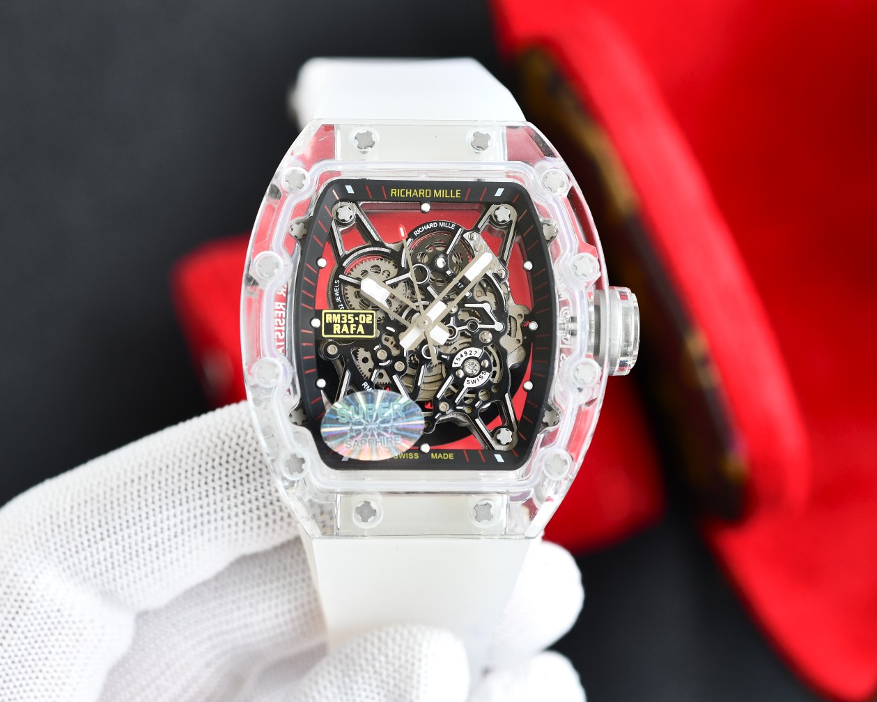 Richard Mille Luxury Skeleton Watch, 42mm Sapphire Crystal Case, Automatic Movement, Yellow Rubber Strap