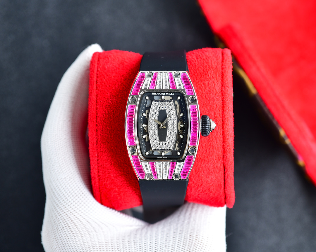 Richard Mille Luxury Women's Watch, 38mm Titanium Case with Diamond & Pink Sapphire Setting, Automatic Movement, Black Rubber Strap