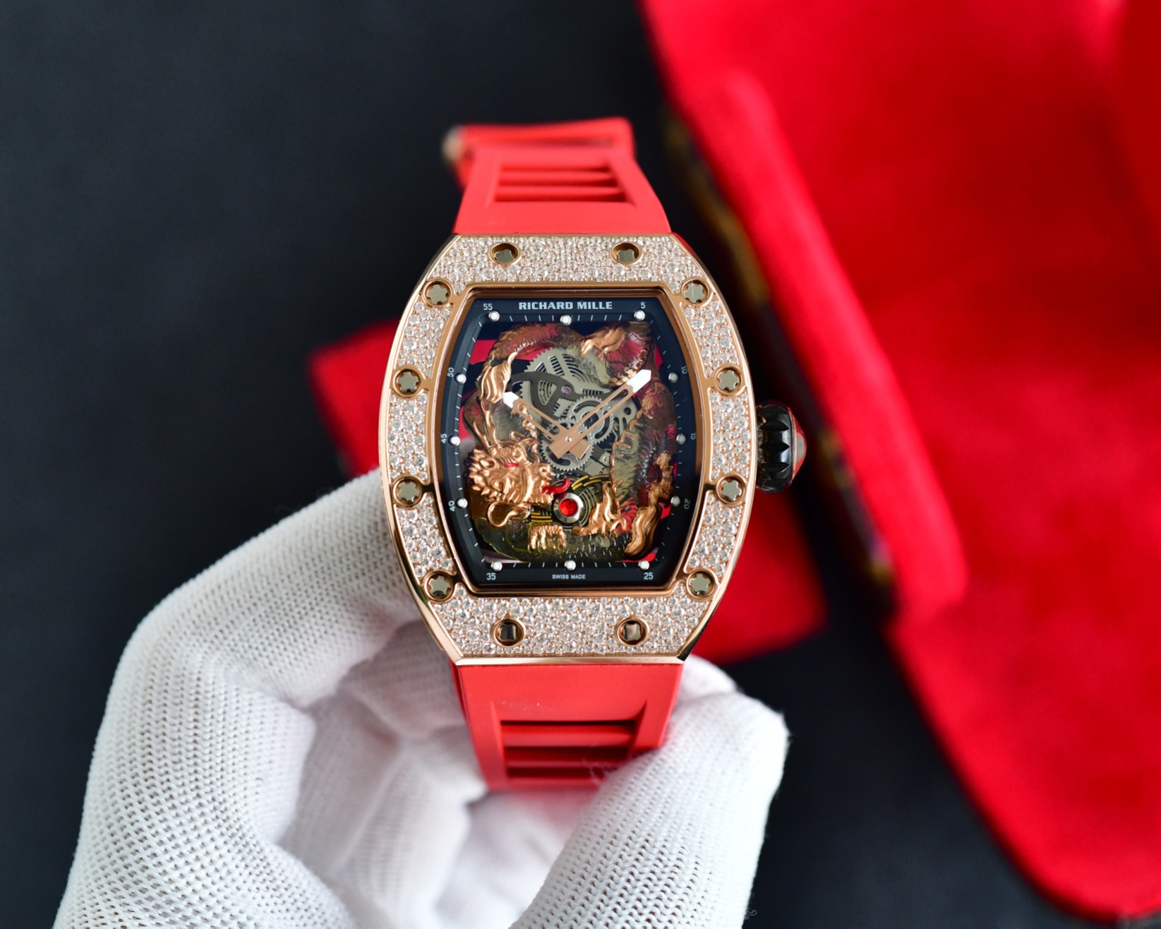 Richard Mille Luxury Watch, 42mm 18K Rose Gold Case with Diamond Setting, Automatic Movement, Red Rubber Strap (Skeleton Dial with Dragon Engraving)