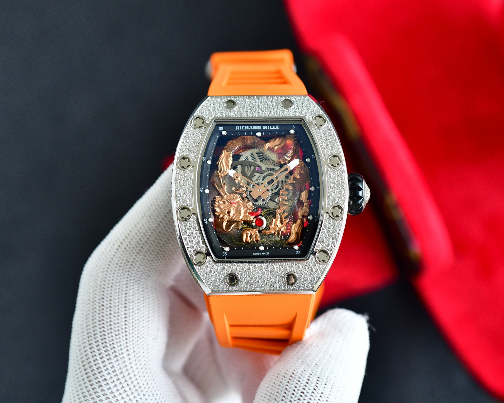 Richard Mille Luxury Watch, 42mm Titanium Case with Diamond Setting, Automatic Movement, Orange Rubber Strap (Skeleton Dial with Dragon Engraving)