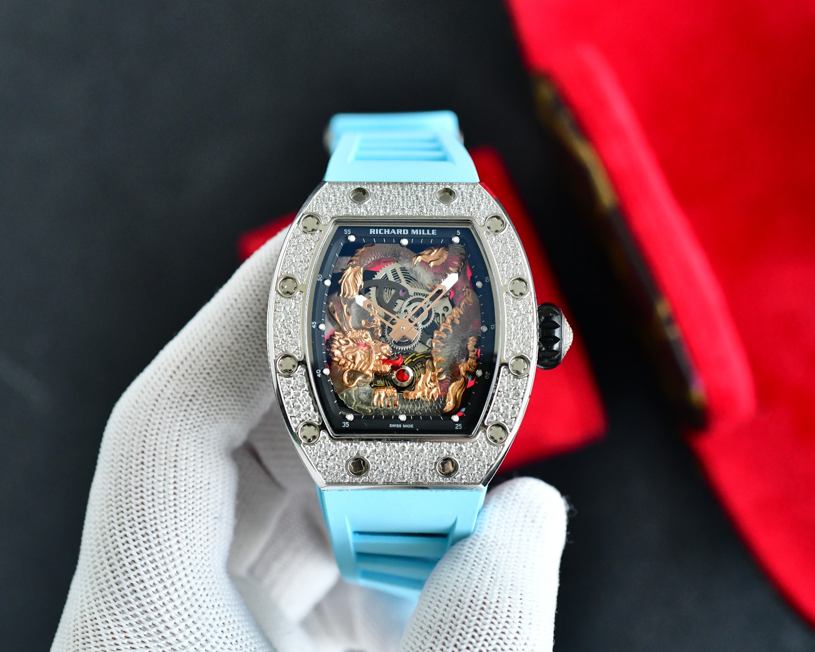 Richard Mille Luxury Watch, 42mm Titanium Case with Diamond Setting, Automatic Movement, Light Blue Rubber Strap (Skeleton Dial with Dragon Engraving)