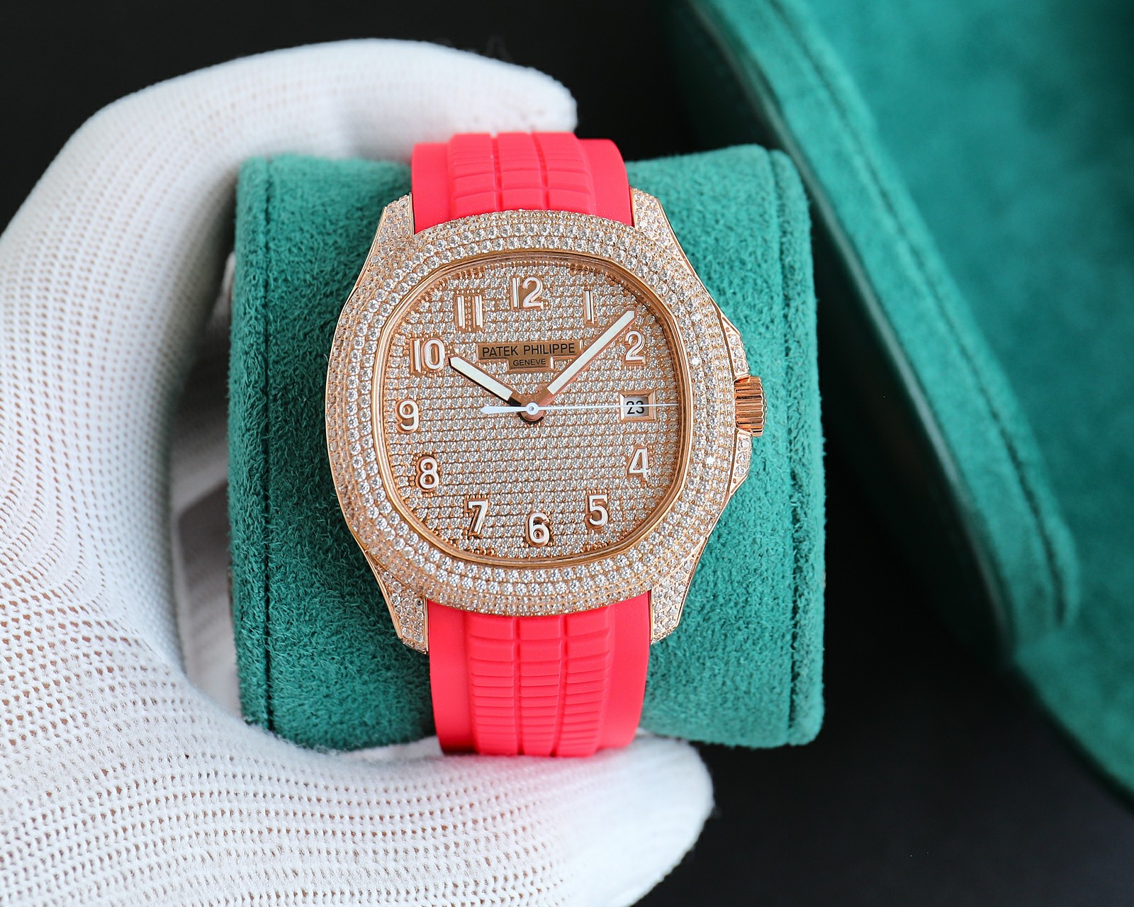 Patek Philippe Nautilus - Style Luxury Watch, 40mm 18K Rose Gold Case with Full Diamond Setting, Automatic Movement, Red Rubber Strap