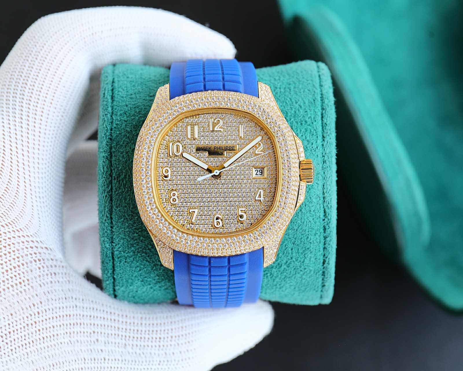 Patek Philippe Nautilus - Style Luxury Watch, 40mm 18K Yellow Gold Case with Full Diamond Setting, Automatic Movement, Blue Rubber Strap