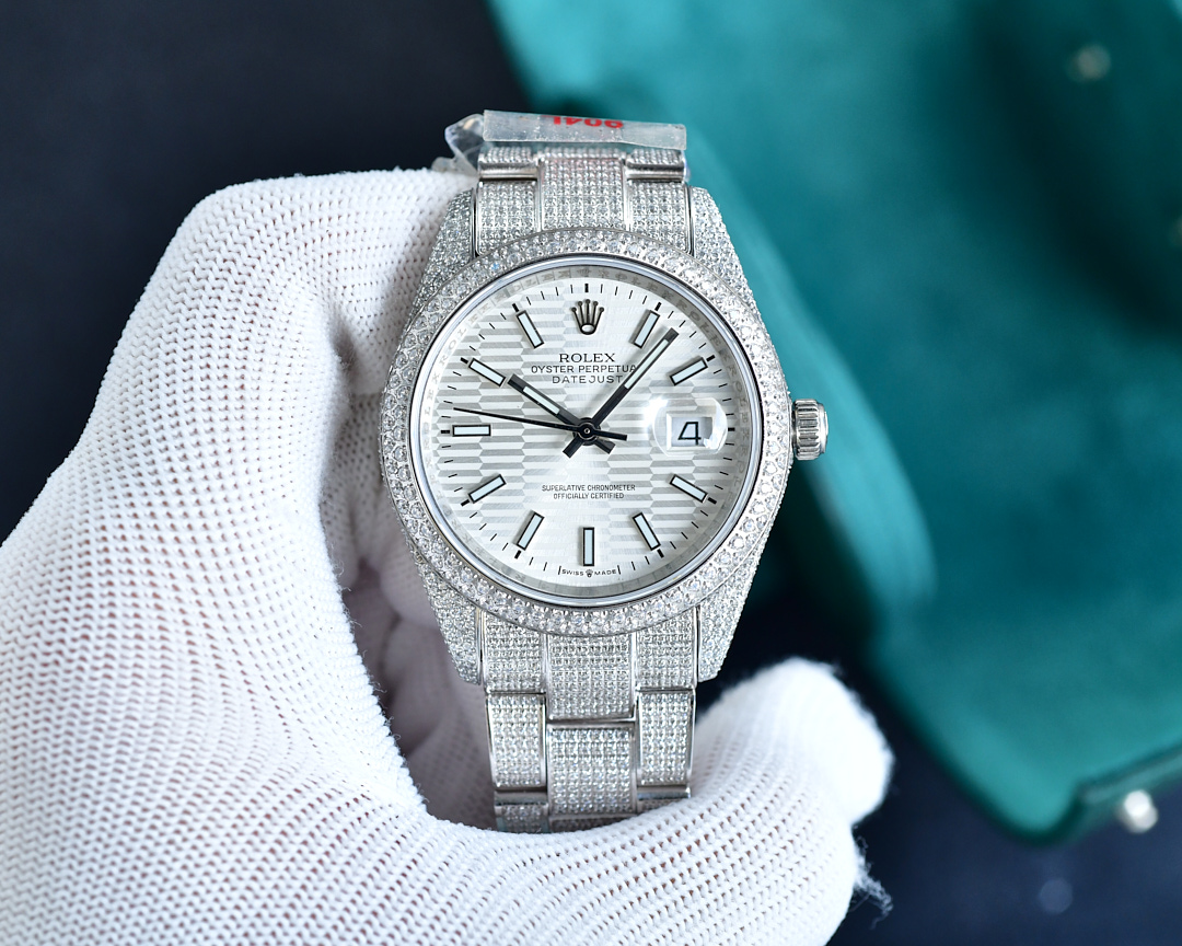 Rolex Datejust Luxury Watch, 41mm Stainless Steel Case with Full Diamond Setting, Automatic Movement, Stainless Steel Diamond - Set Bracelet (Silver Grid Dial with Index Hour Markers)