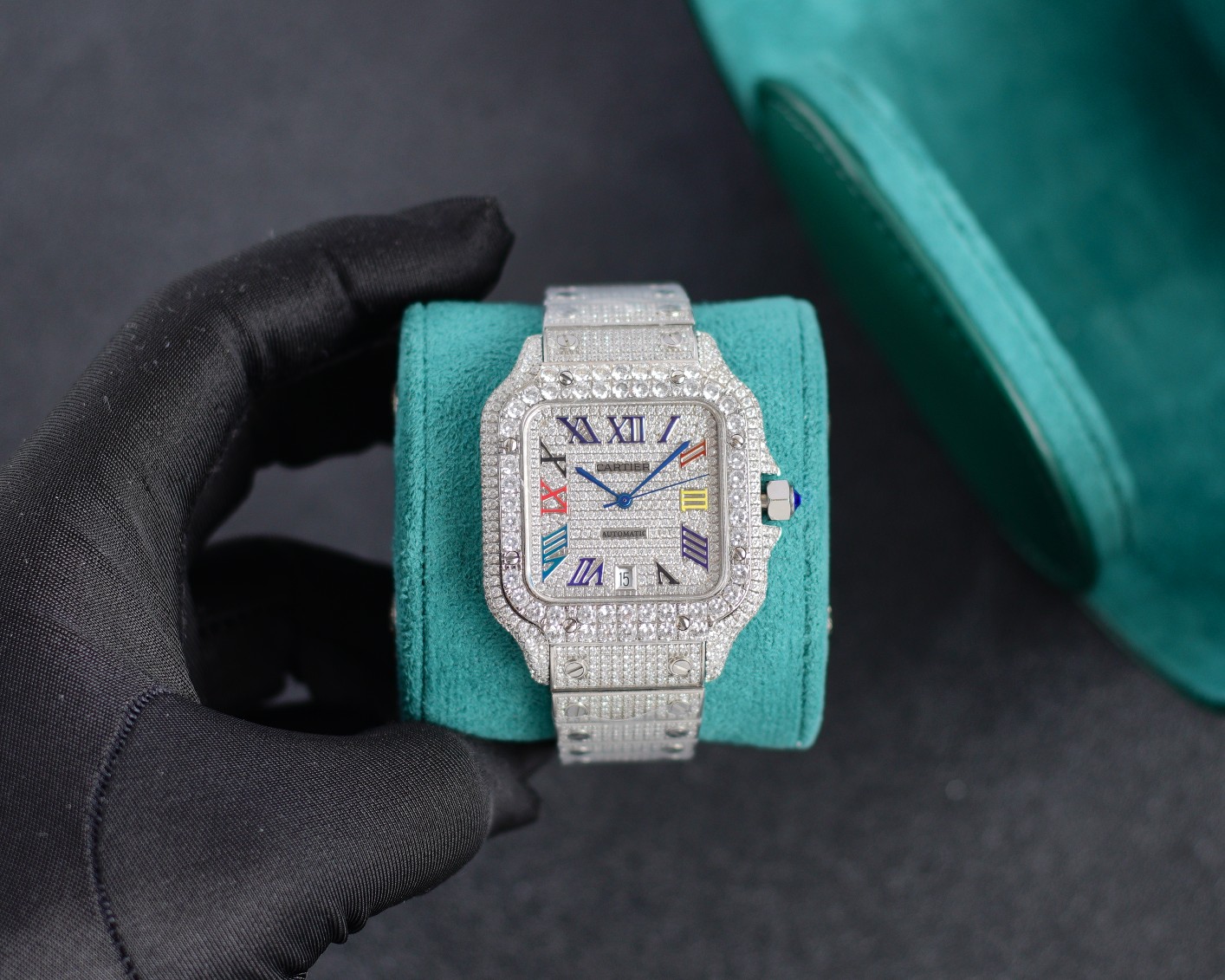 Cartier Santos - de - Cartier Luxury Watch, 39.8mm Stainless Steel Case with Full Diamond Setting, Automatic Movement, Stainless Steel Diamond - Set Bracelet (Colorful Roman Numeral Dial)