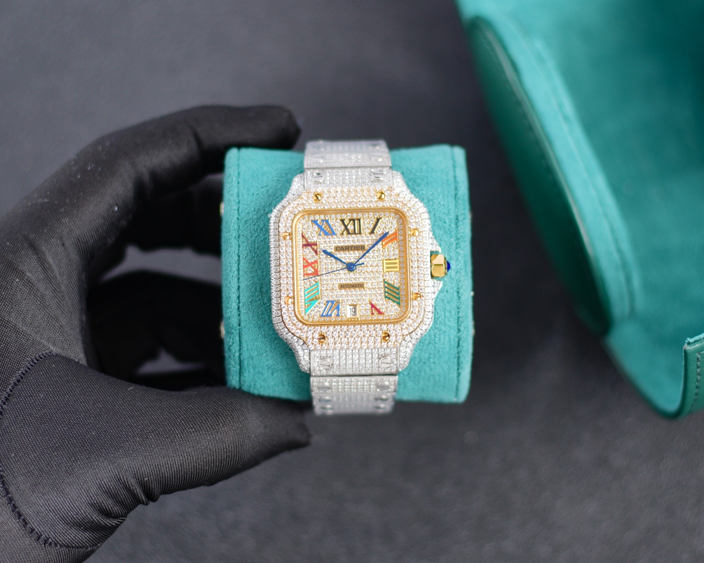 Cartier Santos - de - Cartier Luxury Watch, 39.8mm Stainless Steel Case with Full Diamond Setting, Automatic Movement, Stainless Steel Diamond - Set Bracelet (Colorful Roman Numeral Dial)