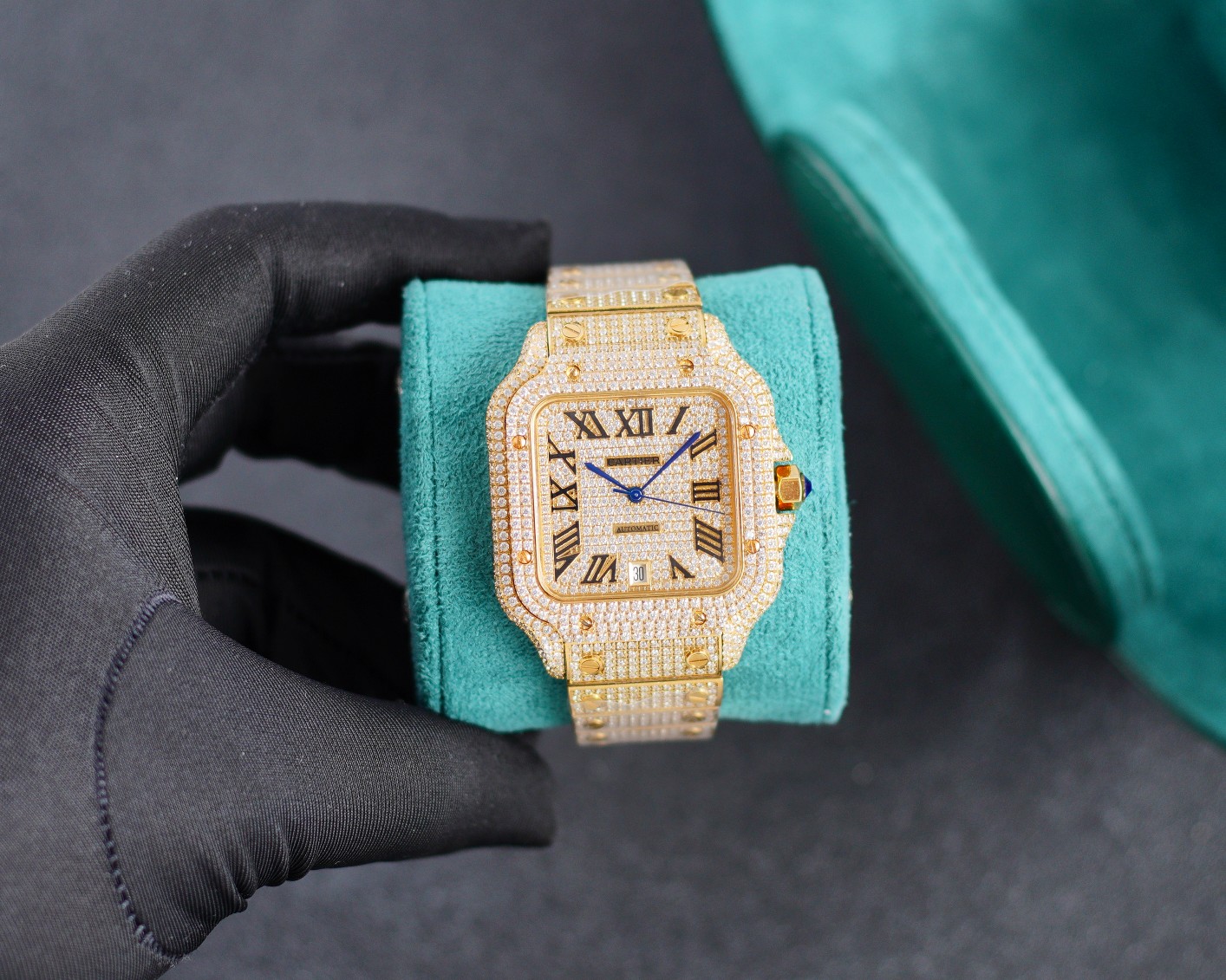 Cartier Santos - de - Cartier Luxury Watch, 39.8mm Yellow Gold Case with Full Diamond Setting, Automatic Movement, Yellow Gold Diamond - Set Bracelet (Roman Numeral Dial)