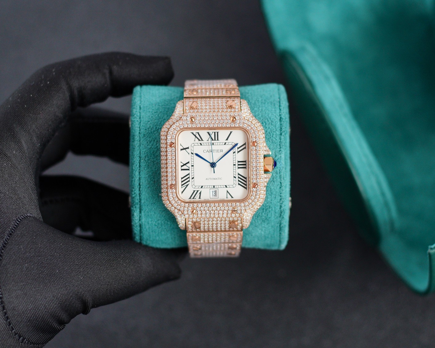 Cartier Santos - de - Cartier Luxury Watch, 39.8mm 18K Rose Gold Case with Full Diamond Setting, Automatic Movement, 18K Rose Gold Diamond - Set Bracelet (White Roman Numeral Dial)