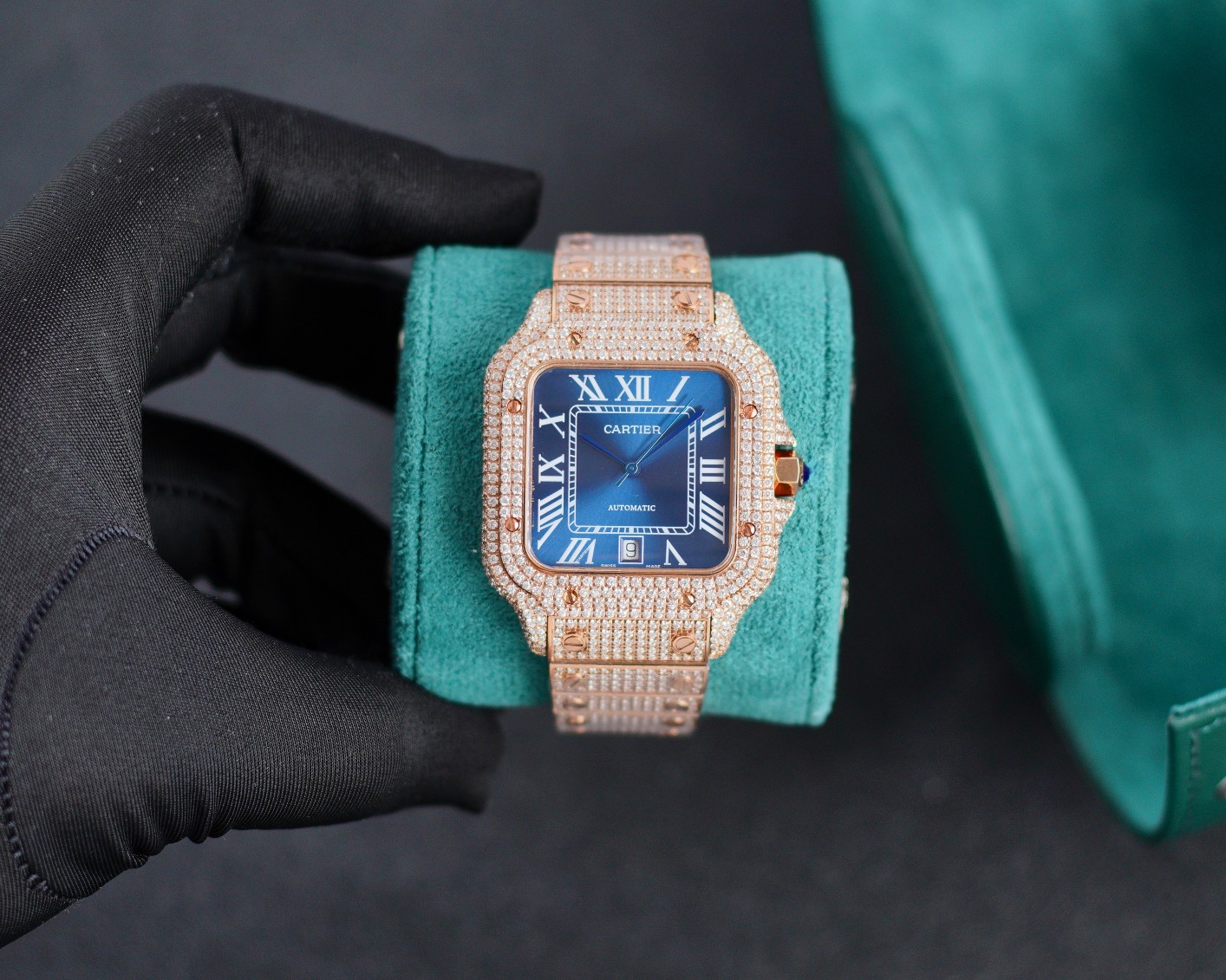 Cartier Santos - de - Cartier Luxury Watch, 39.8mm 18K Rose Gold Case with Full Diamond Setting, Automatic Movement, 18K Rose Gold Diamond - Set Bracelet (Black Roman Numeral Dial)