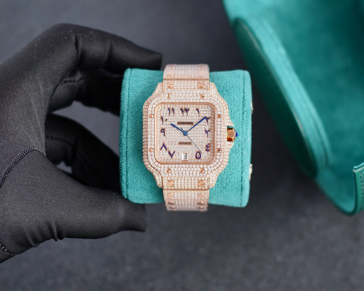 Cartier Santos - de - Cartier Luxury Watch, 39.8mm 18K Rose Gold Case with Full Diamond Setting, Automatic Movement, 18K Rose Gold Diamond - Set Bracelet (Blue Arabic Numeral Dial)