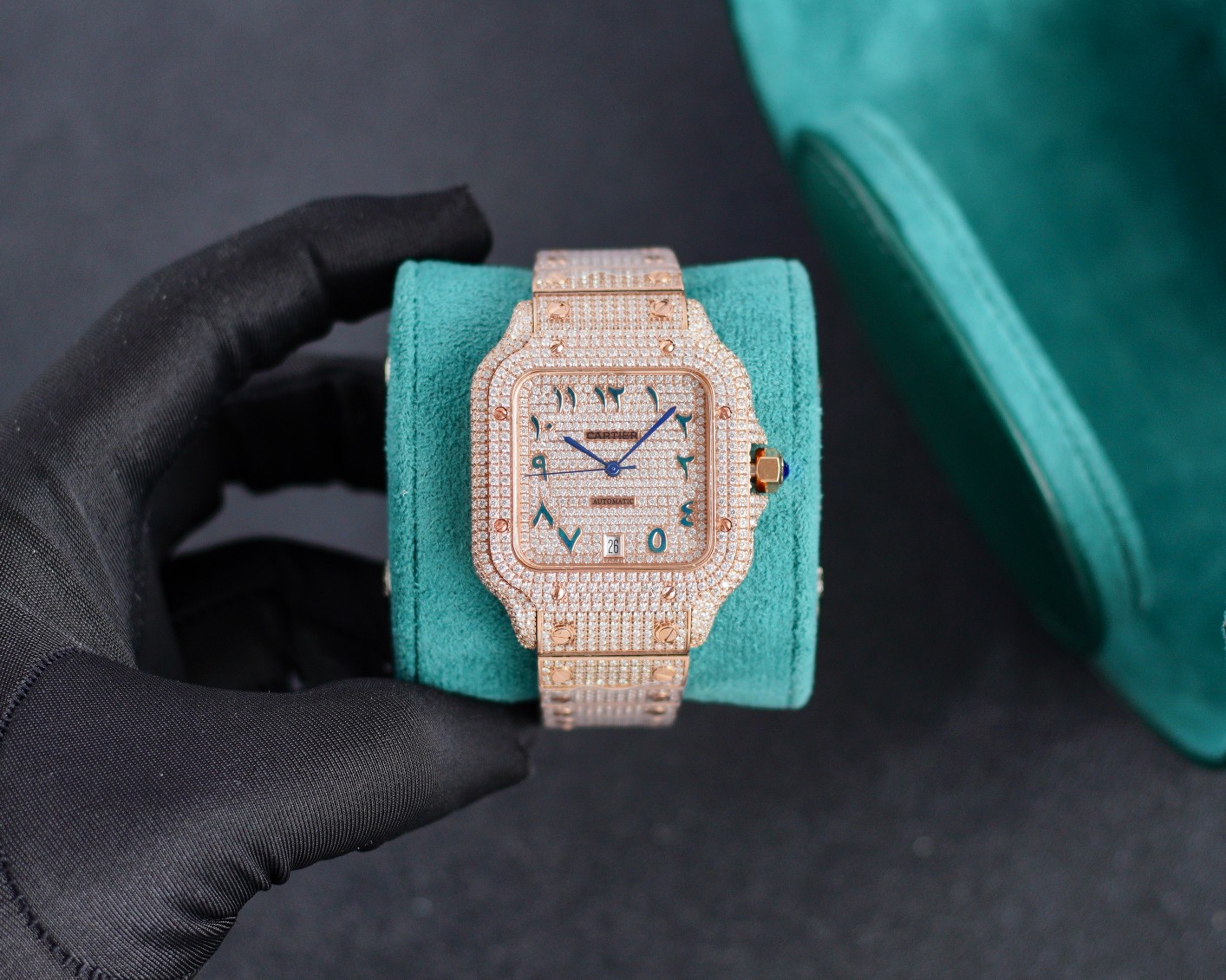 Cartier Santos - de - Cartier Luxury Watch, 39.8mm 18K Rose Gold Case with Full Diamond Setting, Automatic Movement, 18K Rose Gold Diamond - Set Bracelet (Arabic - Style Numeral Dial)