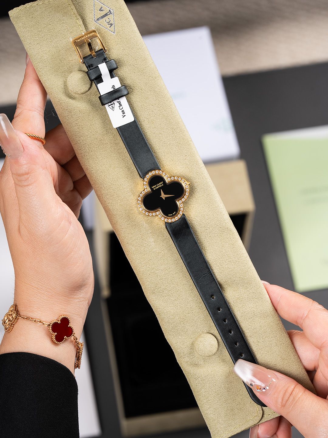 Van Cleef & Arpels Alhambra Luxury Watch, ~25mm 18K Gold, Onyx & Diamond Case, Quartz Movement, Black Leather Strap