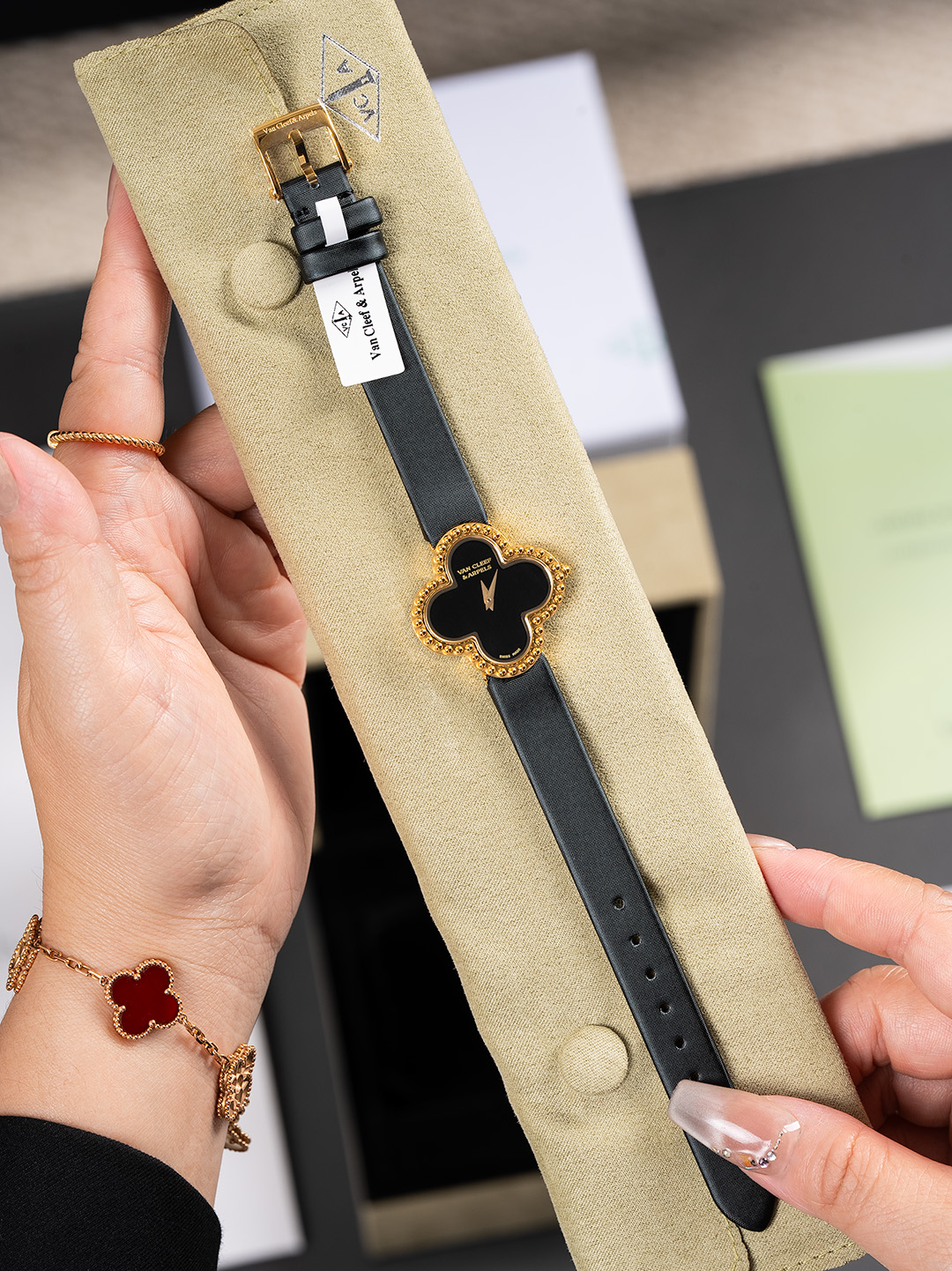 Van Cleef & Arpels Alhambra Luxury Watch, ~25mm 18K Gold & Onyx Case, Quartz Movement, Black Leather Strap