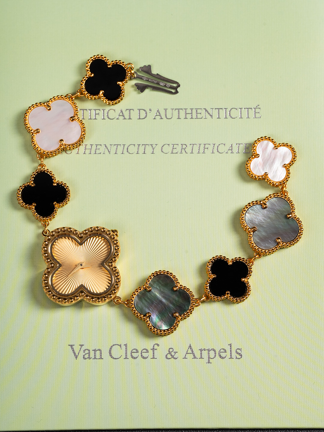 Van Cleef & Arpels Alhambra Luxury Bracelet Watch, ~30mm 18K Gold/Onyx/Mother - of - Pearl Case, Quartz Movement