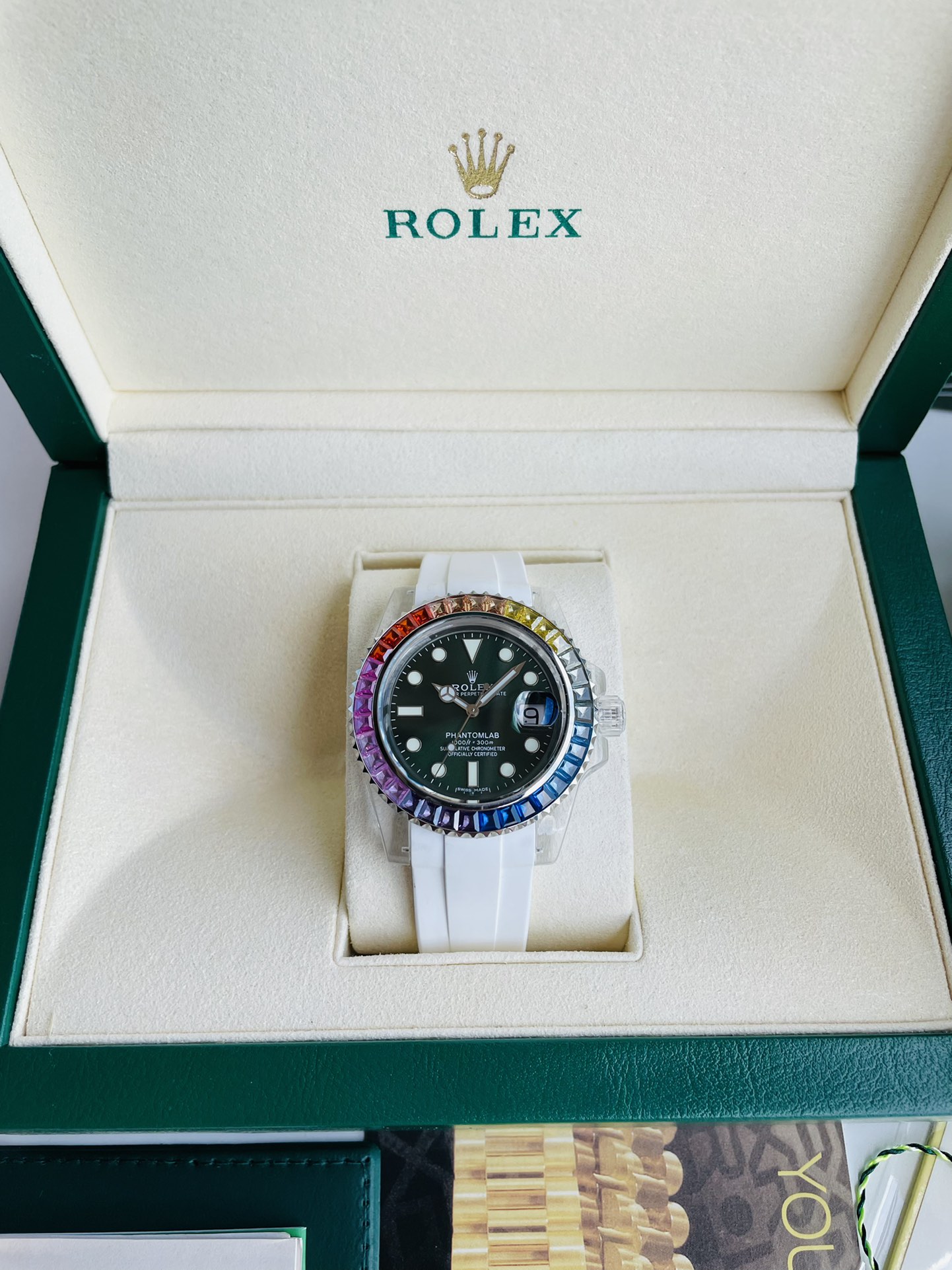 Custom Diver - Style Luxury Watch, 40mm Rainbow Gem - Set Bezel, Automatic Movement, White Rubber Strap
