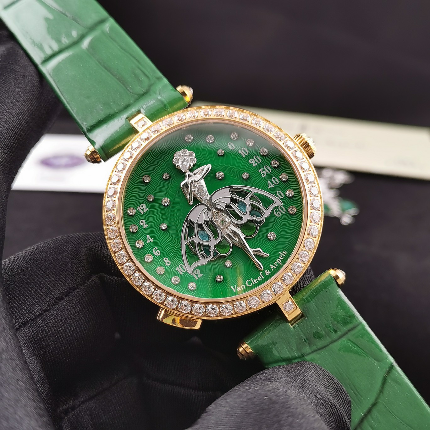 Van Cleef & Arpels Lady Arpels Luxury Watch, 42mm 18K Gold Case with Diamond Bezel, Automatic Movement, Green Alligator Leather Strap