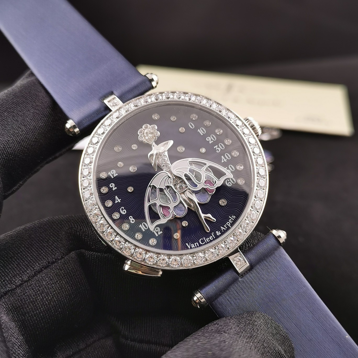 Van Cleef & Arpels Lady Arpels Luxury Watch, 42mm Diamond - Set Case, Automatic Movement, Blue Satin/Leather Strap