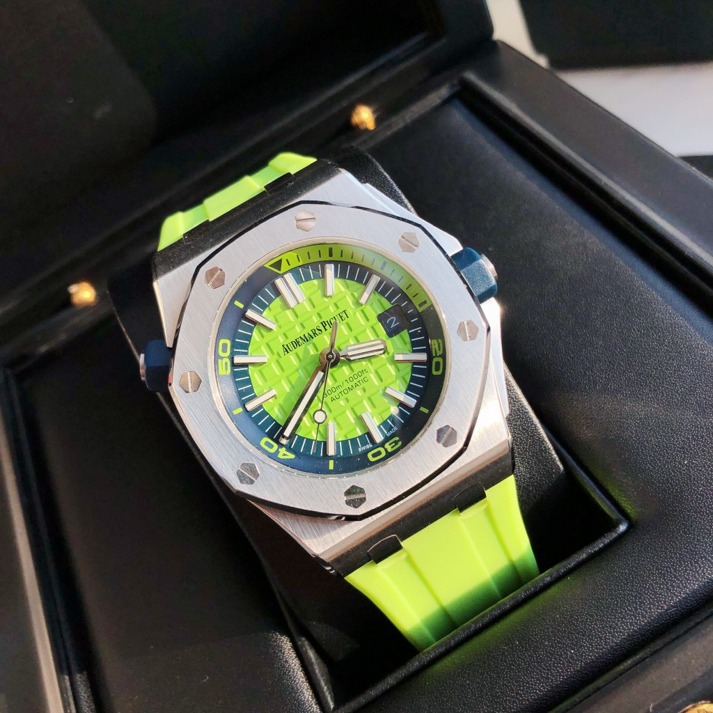 Audemars Piguet Royal Oak Offshore Luxury Watch, 42mm Stainless Steel Case, Self - Winding Movement, Neon Green Rubber Strap