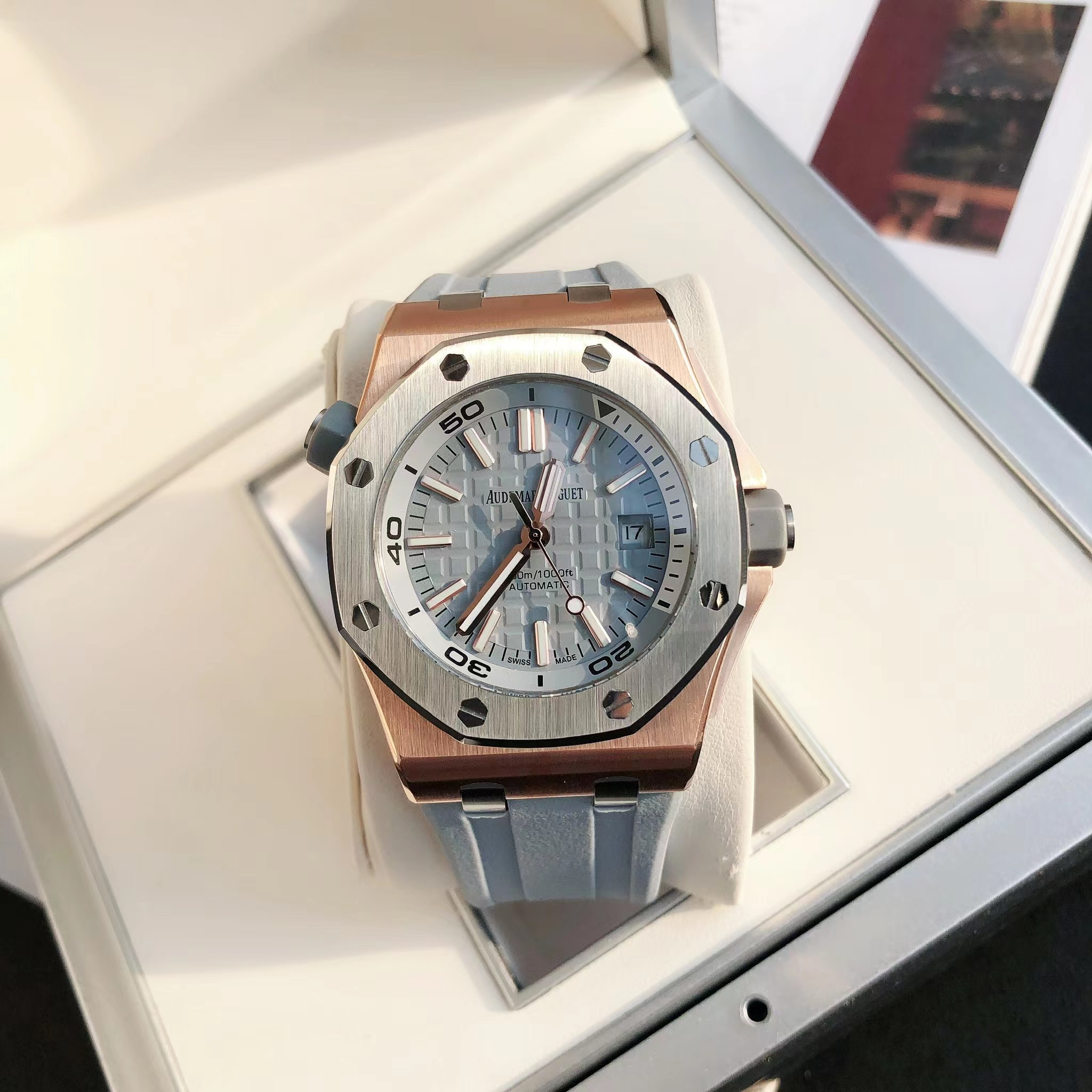 Audemars Piguet Royal Oak Offshore Luxury Watch, 42mm Rose Gold & Stainless Steel Case, Self - Winding Movement, Gray Rubber Strap