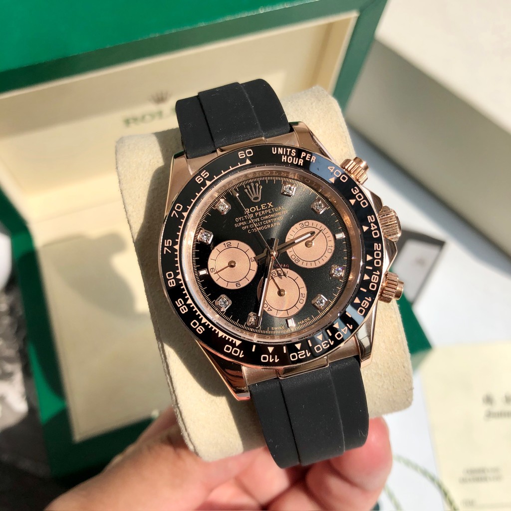 Rolex Daytona Diamond - Set Chronograph Luxury Watch, 40mm 18K Rose Gold Case, Caliber 4130 Movement, Black Rubber Strap