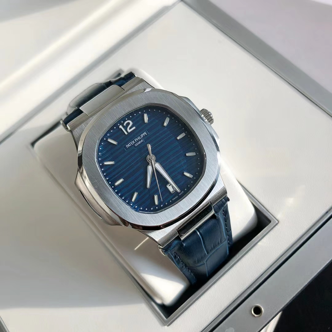 Patek Philippe Nautilus Luxury Watch, 40mm Stainless Steel Case, Caliber 324 SC Movement, Blue Alligator Leather Strap