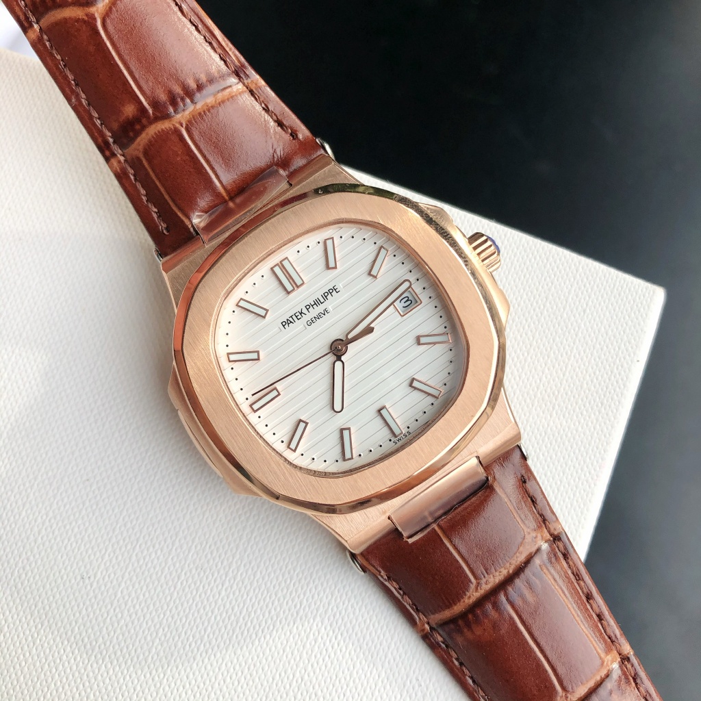 Patek Philippe Nautilus Luxury Watch, 40mm 18K Rose Gold Case, Caliber 324 SC Movement, Brown Alligator Leather Strap