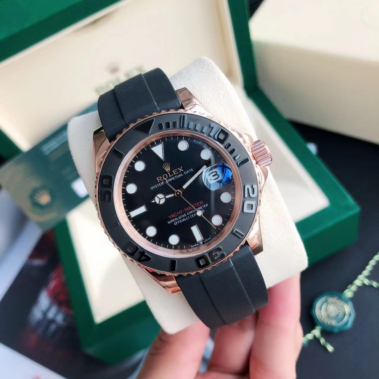 Rolex Yacht-Master Luxury Watch, 40mm 18K Rose Gold Case, Caliber 3235 Movement, Black Rubber Strap