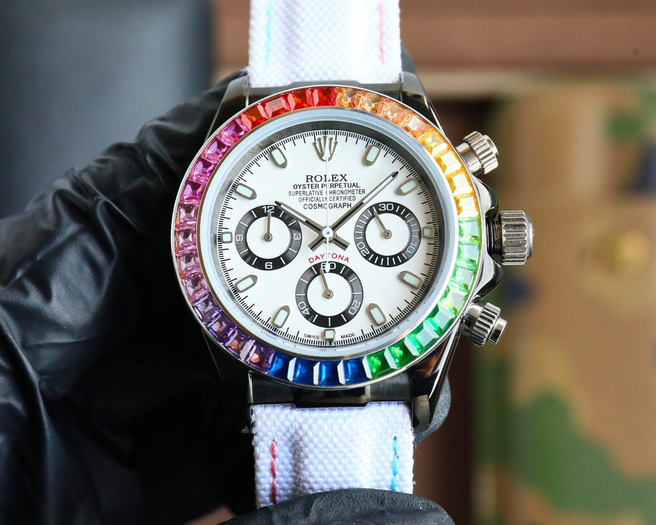 Rolex Cosmograph Daytona Rainbow Gem - Set Luxury Watch, 40mm Black - Coated Case, Caliber 4130 Movement, White Fabric Strap