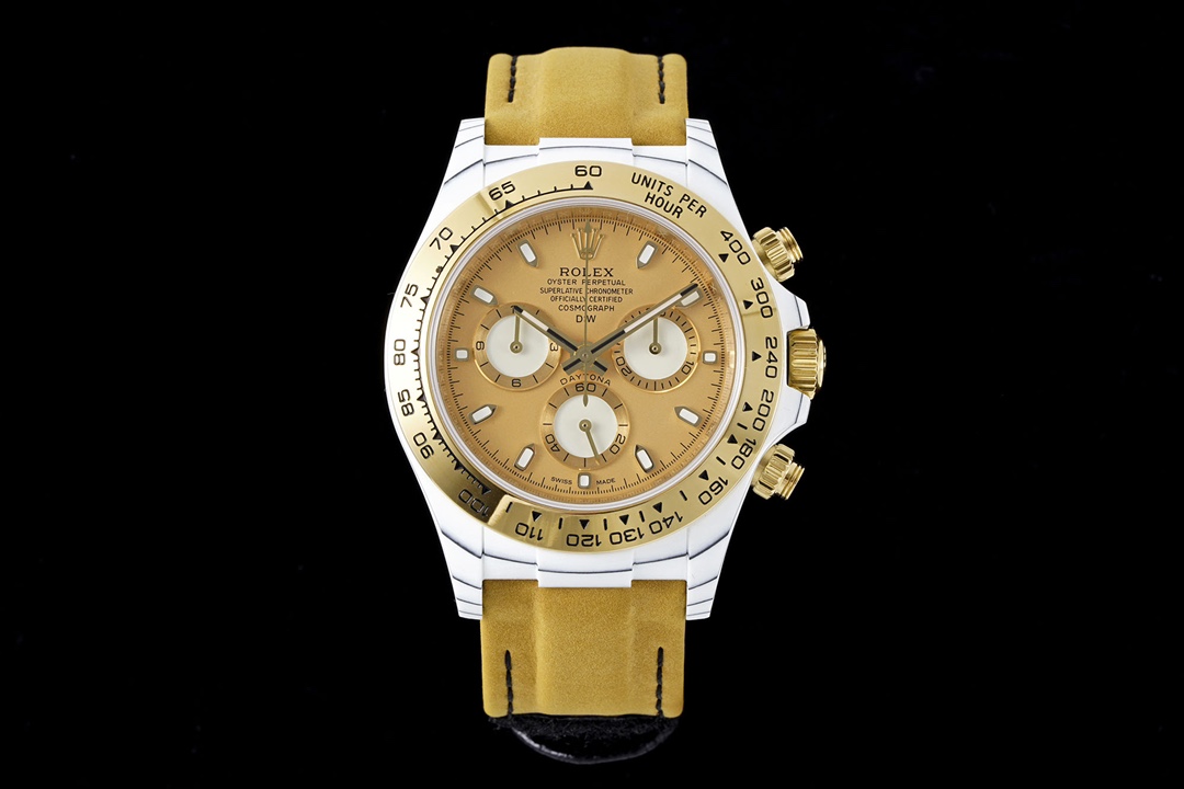 Rolex Designa Individual “Golden Essemce” Limited Edition Tribute to Daytona Watch, 41mm Carboquartz Case, Chronograph Movement, Yellow & Black Leather Strap