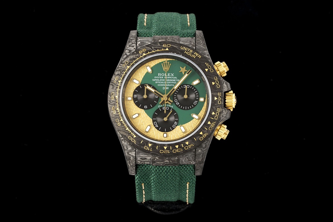 Rolex  Designa Individual Limited Edition Tribute to Daytona Watch, 41mm Carbon Fiber Case, Chronograph Movement, Green Fabric Strap