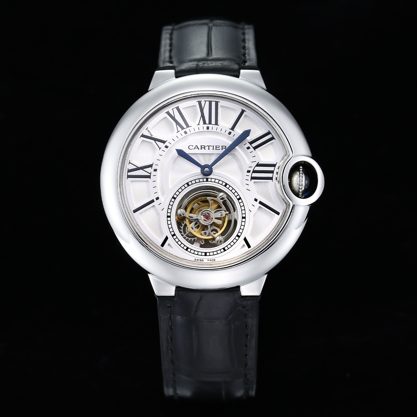 Cartier Ballon Bleu Tourbillon Luxury Watch, 42mm Stainless Steel Case, Tourbillon Automatic Movement, Black Alligator Leather Strap