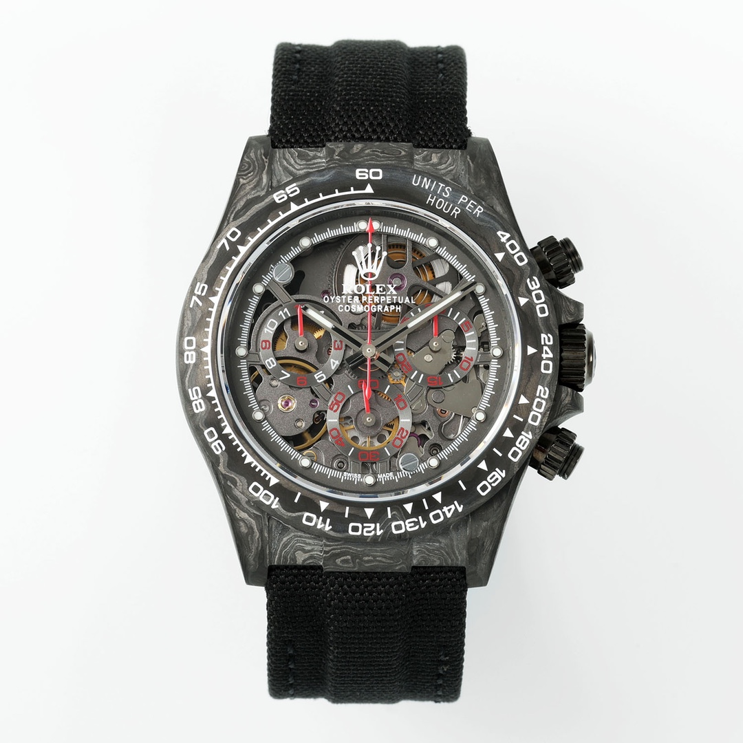 DiW Custom Rolex Daytona - Style Watch, 40mm Carbon Case, Chronograph Movement, Black Nylon Strap