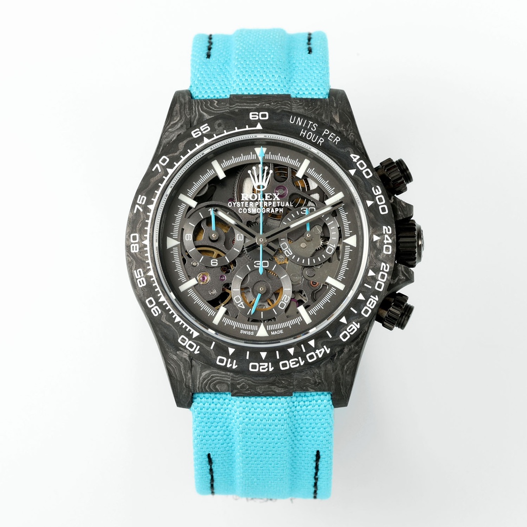 DiW Custom Rolex Daytona - Style Watch, 40mm Carbon Case, Chronograph Movement, Turquoise Nylon Strap