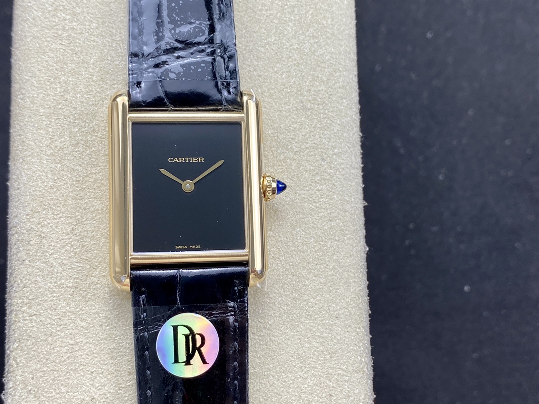 Cartier Tank Women's Watch, Square 18K Yellow Gold Case (Approx. 22×29mm), Quartz Movement, Black Alligator Leather Strap