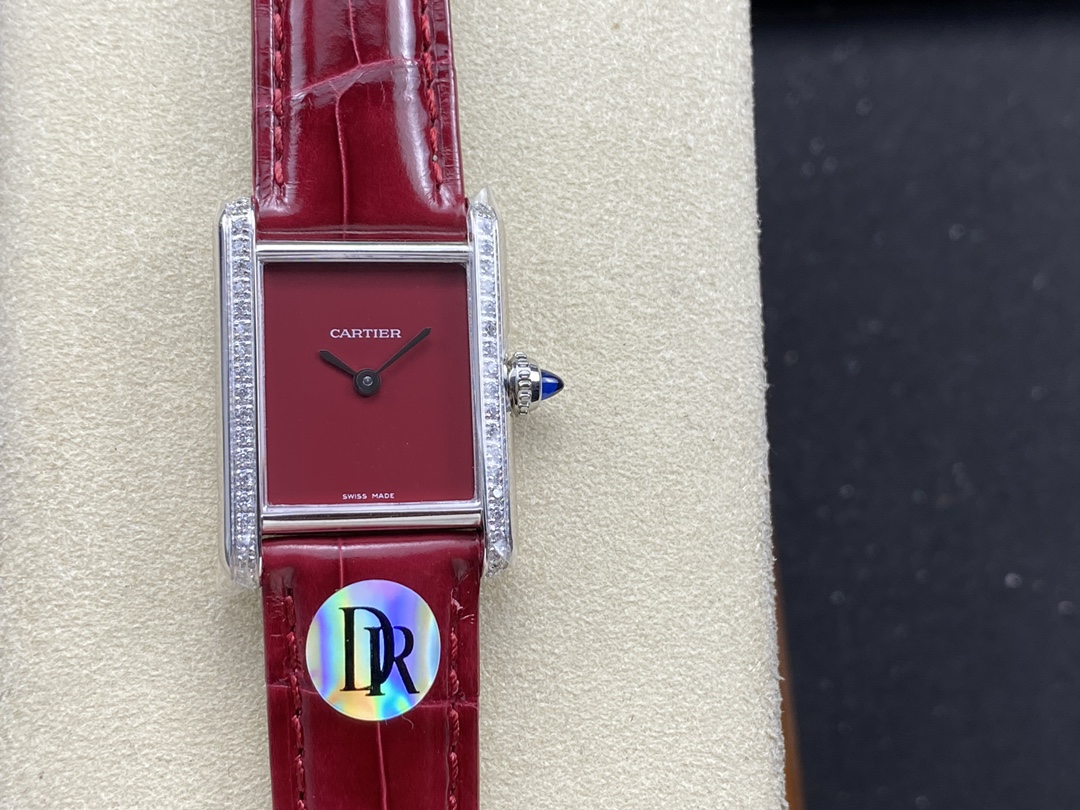 Cartier Tank Women's Watch, Square Stainless Steel Case with Diamond Bezel (Approx. 22×29mm), Quartz Movement, Red Alligator Leather Strap