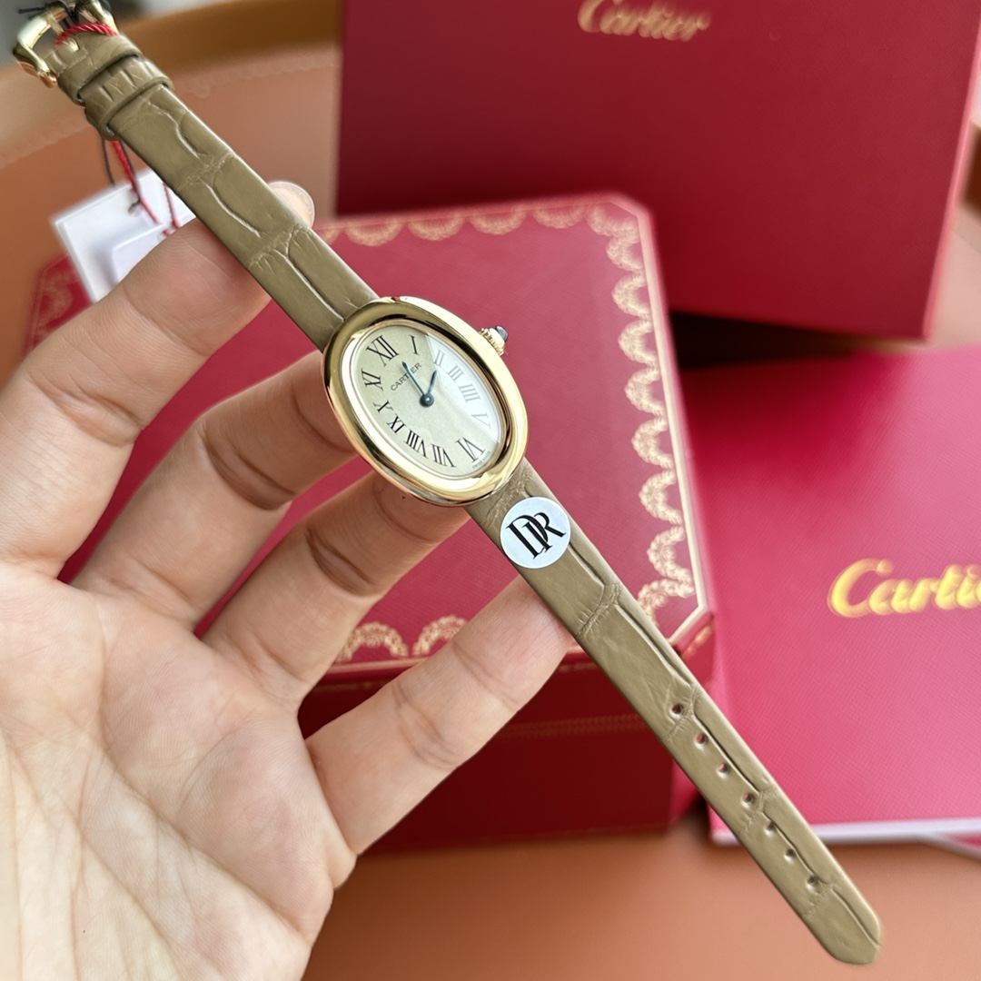 Cartier Baignoire Women's Watch, Oval 18K Yellow Gold Case (23×30mm), Quartz Movement, Khaki Alligator Leather Strap
