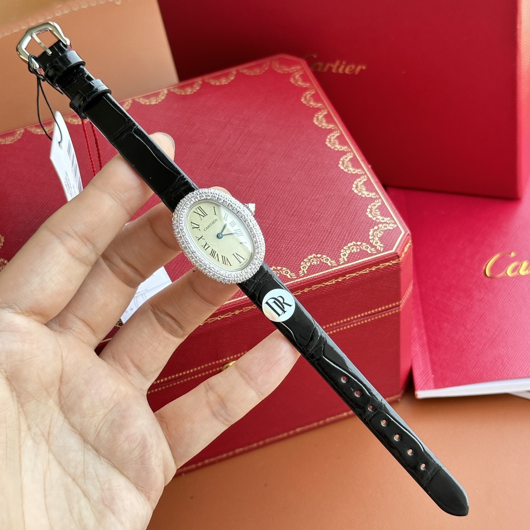 Cartier Baignoire Women's Watch, Oval Stainless Steel Case with Diamond Bezel (23×30mm), Quartz Movement, Black Alligator Leather Strap