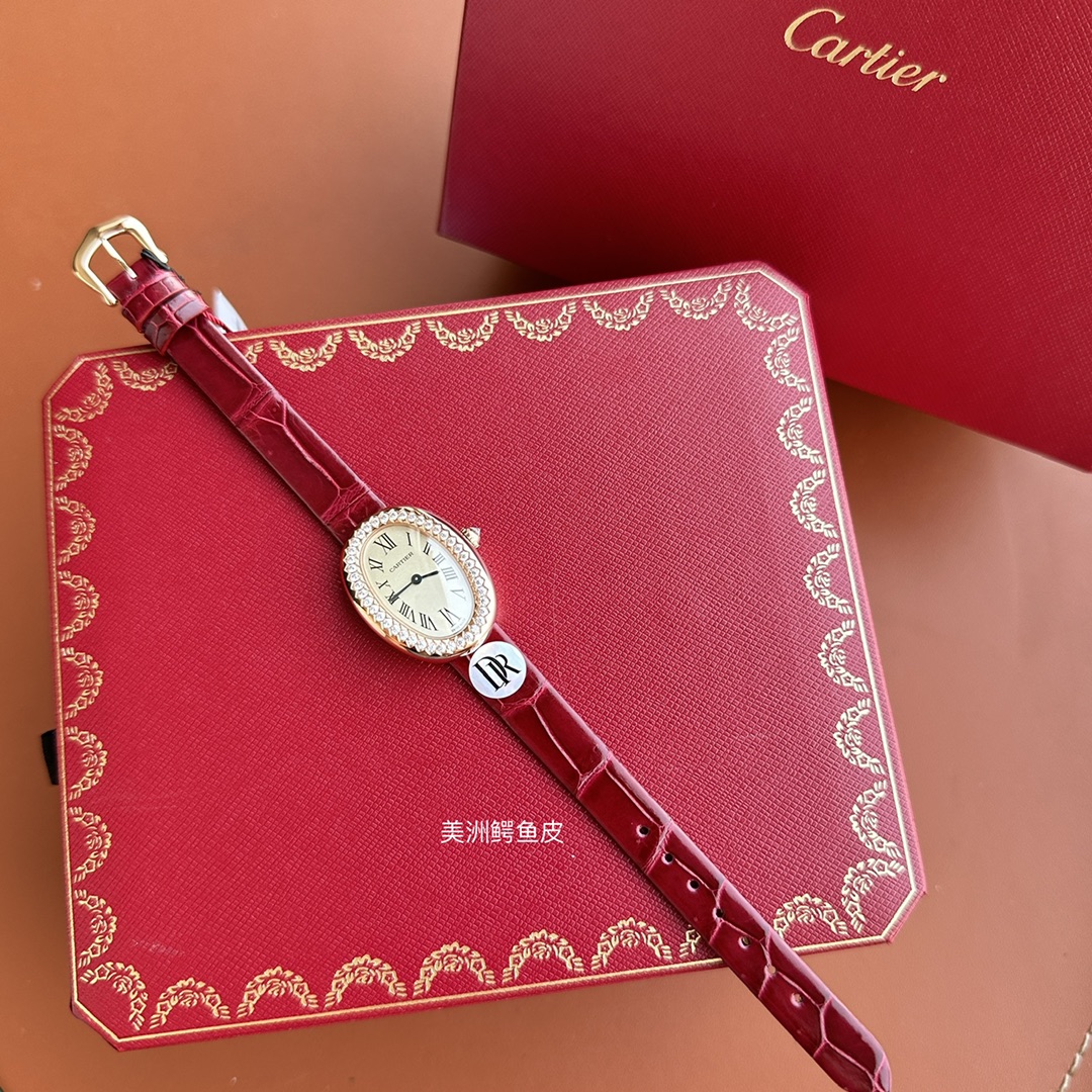 Cartier Baignoire Women's Watch, Oval Rose Gold Case with Diamond Bezel (23x30mm), Quartz Movement, Red Alligator Leather Strap
