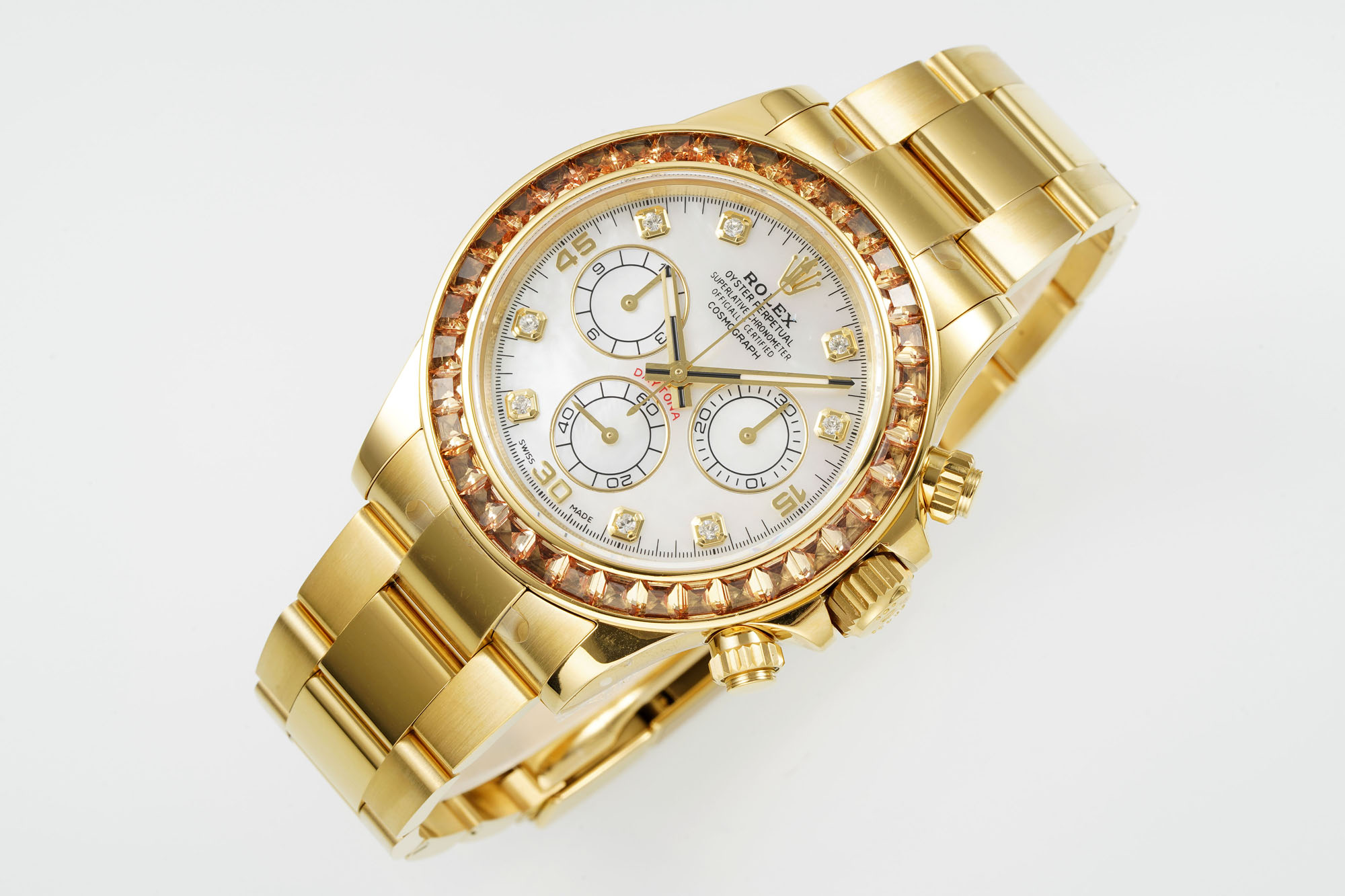 Rolex Cosmograph Daytona ~40mm 18K Yellow Gold Orange Gem & Diamond-Set Automatic Chronograph Watch (Caliber 4130)