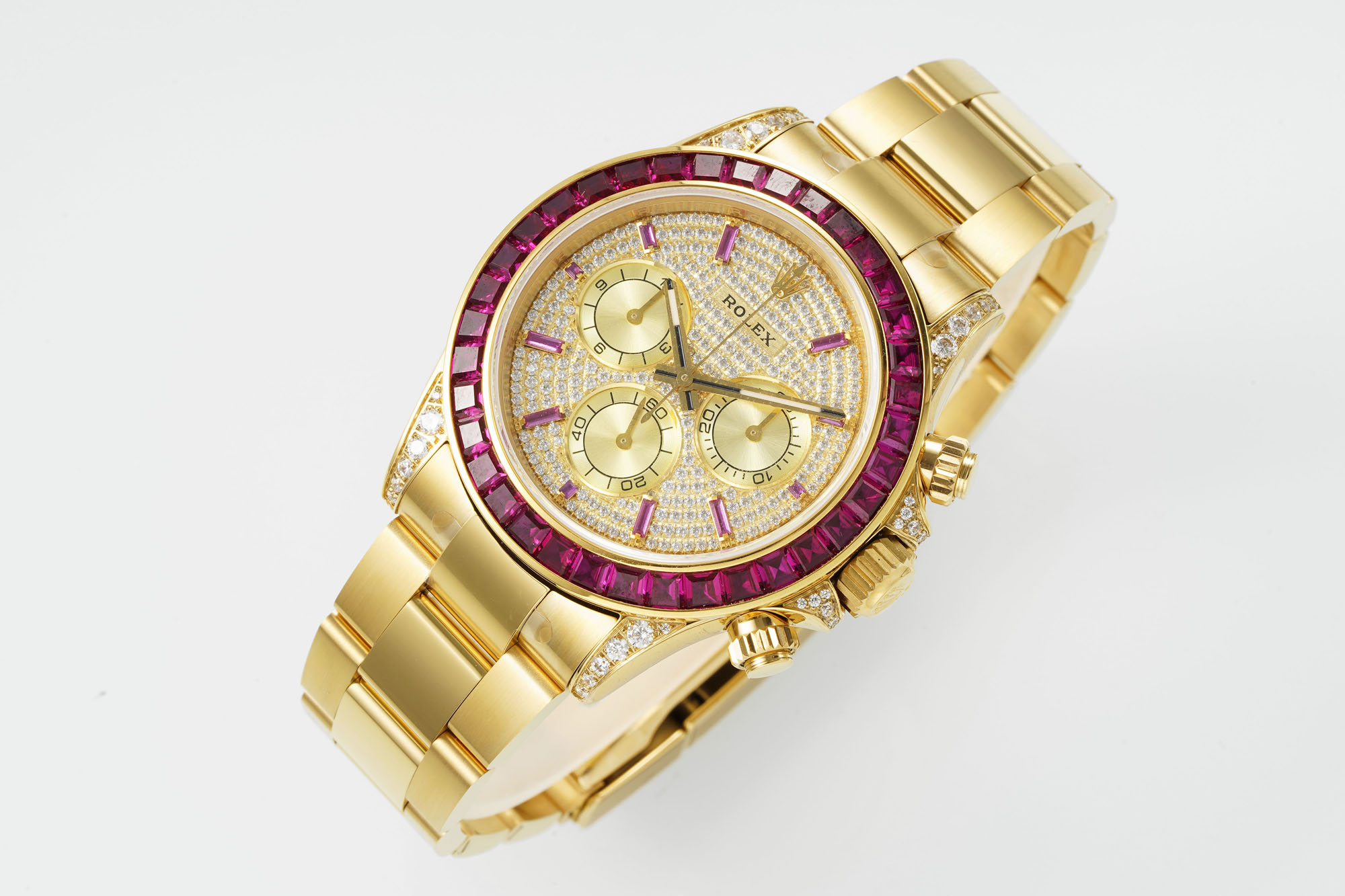 Rolex Cosmograph Daytona ~40mm 18K Yellow Gold Ruby & Diamond-Set Automatic Chronograph Watch (Caliber 4130)