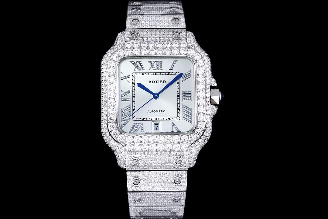 Cartier Santos De Cartier Watch, ~39mm Stainless Steel Case with Full Diamond Setting, Silver Roman Numeral Dial, Diamond-Set Stainless Steel Bracelet - Automatic Movement