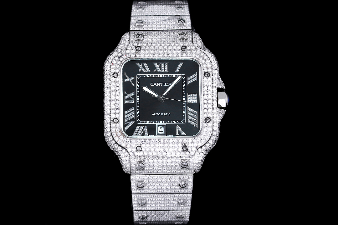 Cartier Santos De Cartier Watch, ~39mm Stainless Steel Case with Full Diamond Setting, Black Roman Numeral Dial, Diamond-Set Stainless Steel Bracelet - Automatic Movement