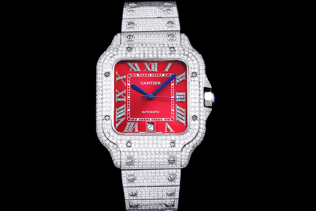 Cartier Santos De Cartier Watch, ~39mm Stainless Steel Case with Full Diamond Setting, Red Roman Numeral Dial, Diamond-Set Stainless Steel Bracelet - Automatic Movement