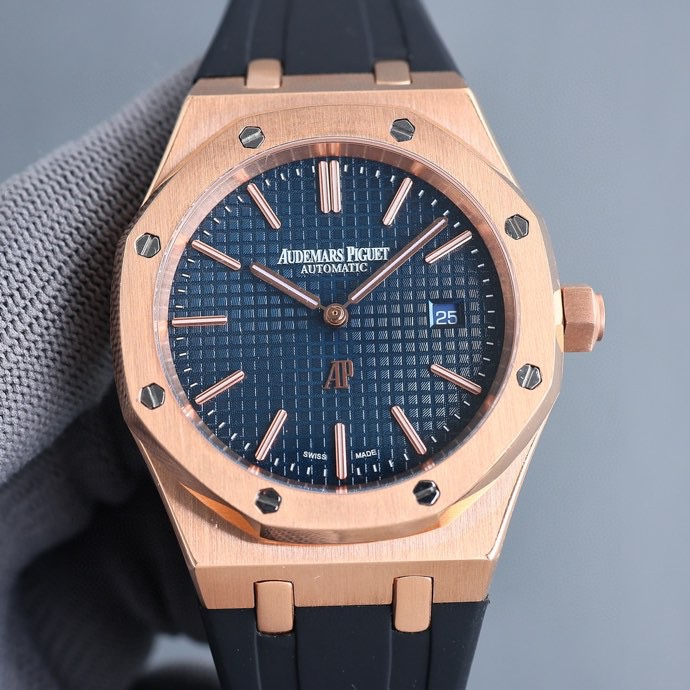 Audemars Piguet Royal Oak 41mm Watch with Black "Petite Tapisserie" Dial, Rose Gold Case & Black Rubber Strap - Automatic Movement