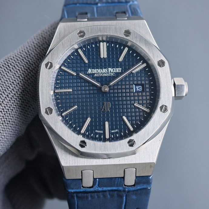 Audemars Piguet Royal Oak 41mm Watch with Blue "Petite Tapisserie" Dial, Stainless Steel Case & Blue Alligator Leather Strap - Automatic Movement