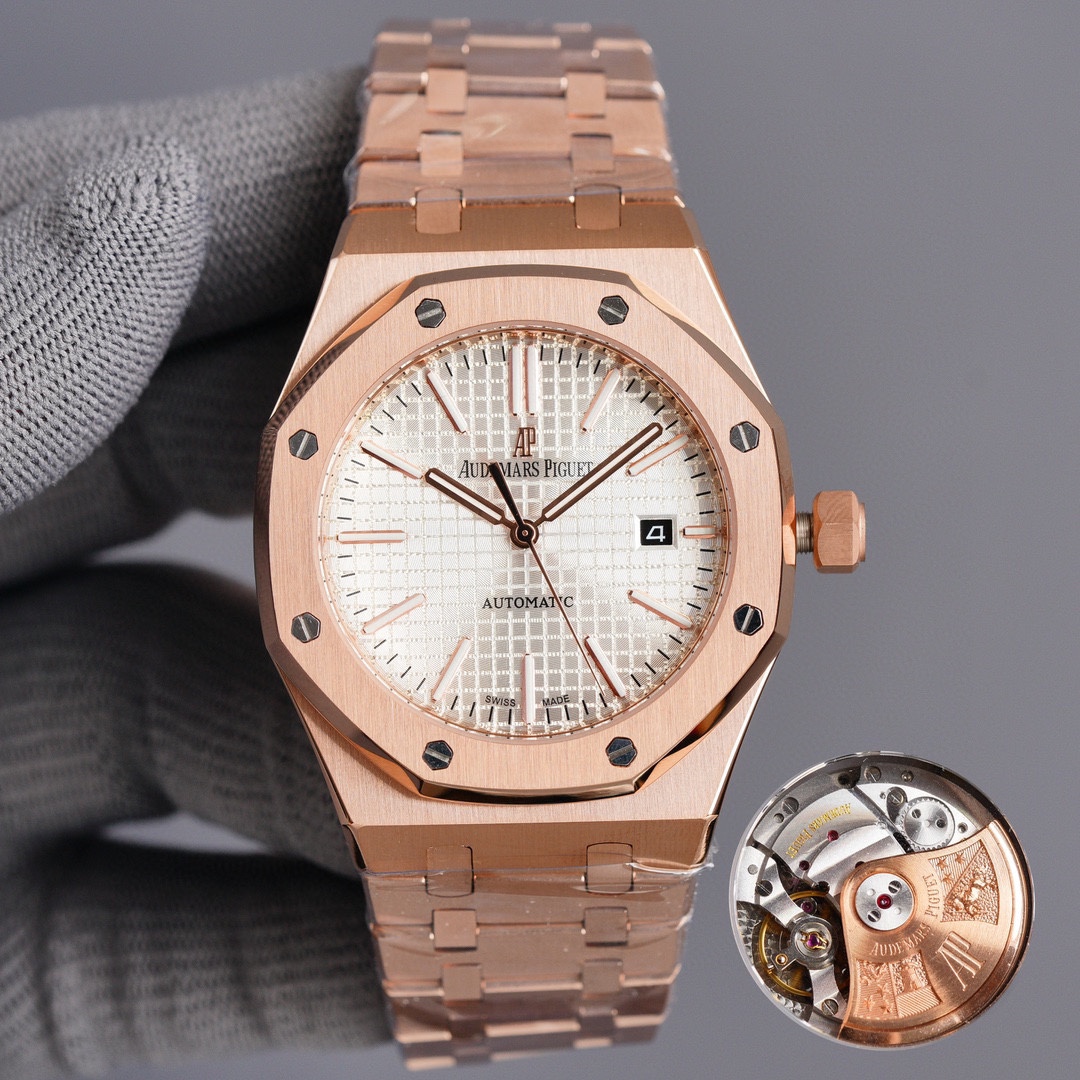 Audemars Piguet Royal Oak 41mm Watch with Silver "Petite Tapisserie" Dial, Rose Gold Case & Bracelet - Automatic Movement