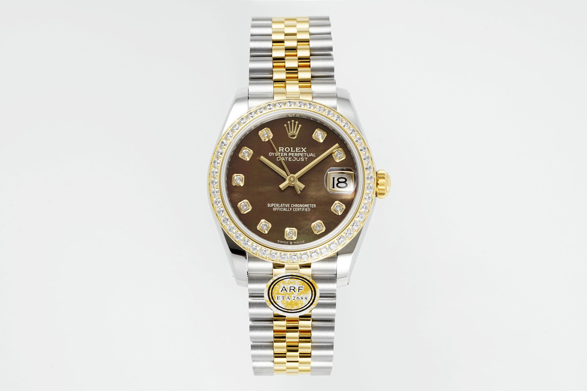 Rolex Datejust 31mm Watch with Dark Brown Mother-of-Pearl Dial, Diamond Markers, Diamond-Set Bezel, Two-Tone (Stainless Steel & Yellow Gold) Jubilee Bracelet - ETA 2688 Movement