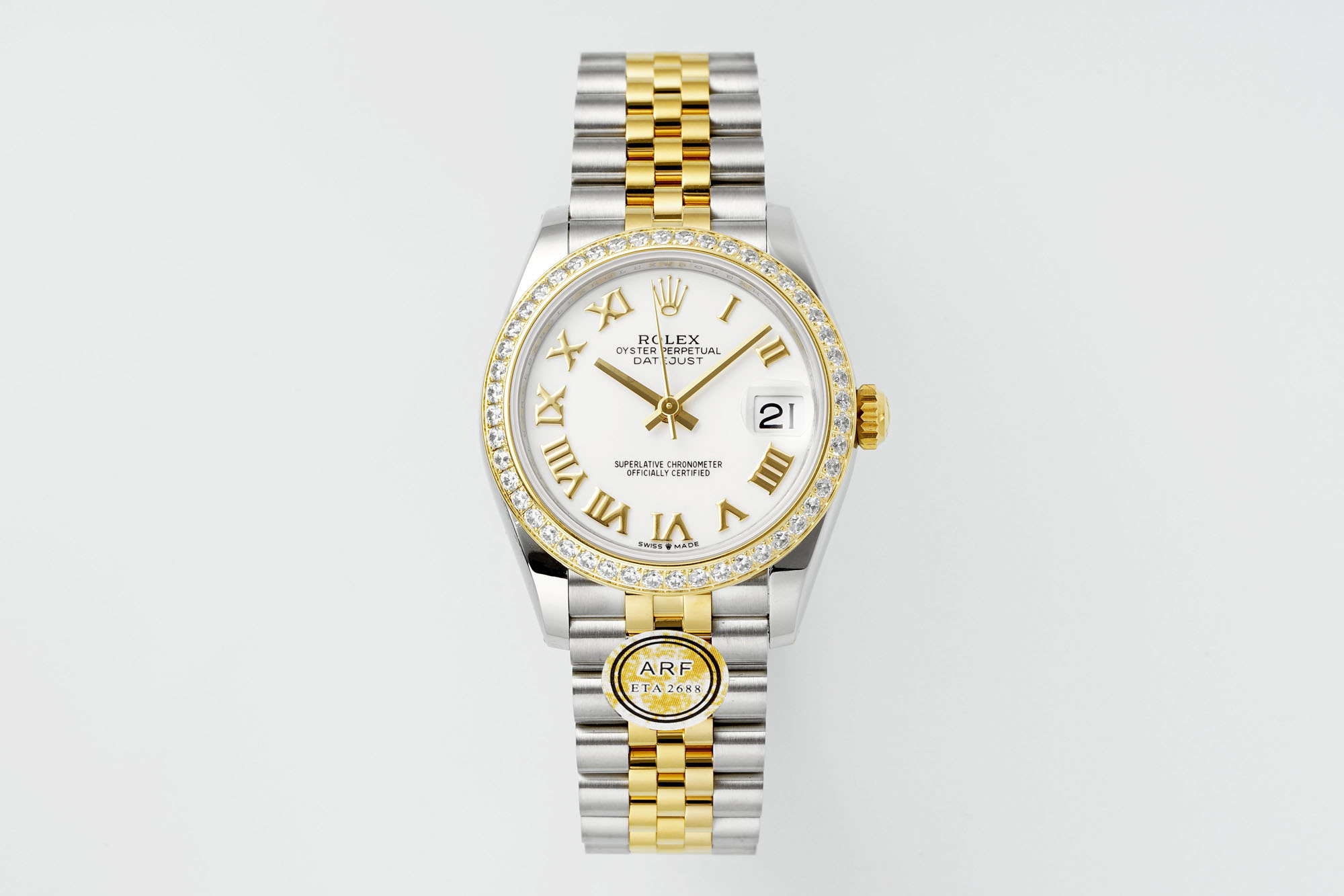 Rolex Datejust 31mm Watch with White Roman Dial, Diamond-Set Bezel, Two-Tone (Stainless Steel & Yellow Gold) Jubilee Bracelet - ETA 2688 Movement